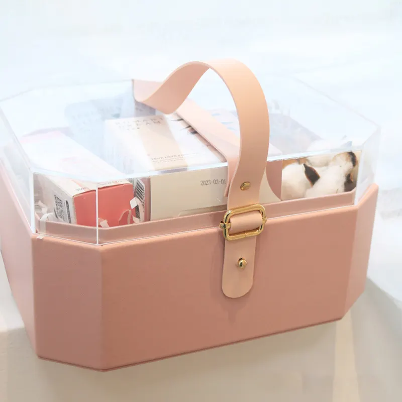 Scatole regalo in cartone spesso portatile con logo personalizzato per matrimonio e scatole da imballaggio con coperchio trasparente in acrilico ottagonale