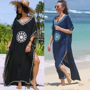 Modieuze Lange Vest Kimono Half Sleeve Open Voorzijde Gedrukt Satijn Chiffon 50D 75D Kimono Sexy Tropische Print Gewaad Cover Up