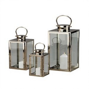 Ensemble de 3 lanternes à bougies en acier inoxydable, lanterne en métal argenté et verre, porte-bougie moderne, décoration de mariage - Product Image 1