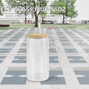Gobelet isotherme en verre transparent à double paroi de 16 oz, imprimé en sérigraphie, sans BPA, écologique, avec couvercle et poignée, pour jus, café, bière - Product Image 2