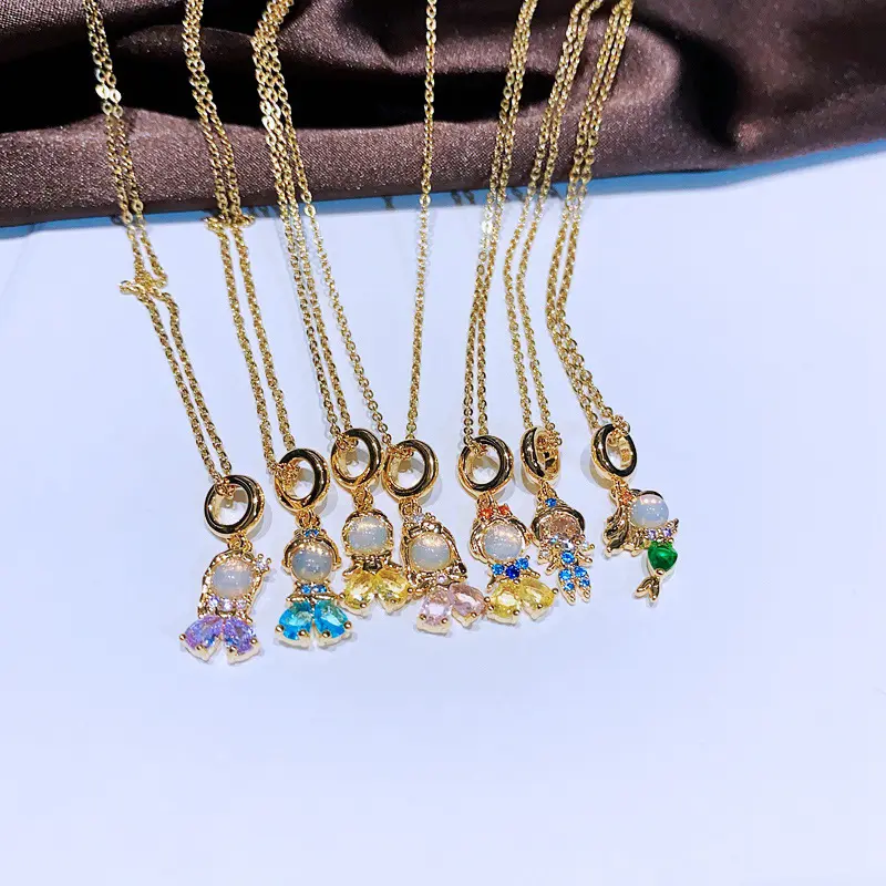 Yicai phim hoạt hình sáng bóng đầy màu sắc Cubic Zirconia tuyết trắng Cinderella Belle chuỗi Thép không gỉ Công Chúa Mặt Dây chuyền vòng cổ