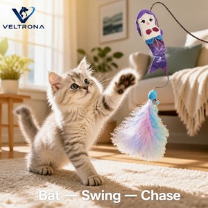 Jouet pour chat sirène en peluche avec plumes, pompon et clochette, 2 styles, 80 cm, baguette interactive pour chaton - Product Image 6