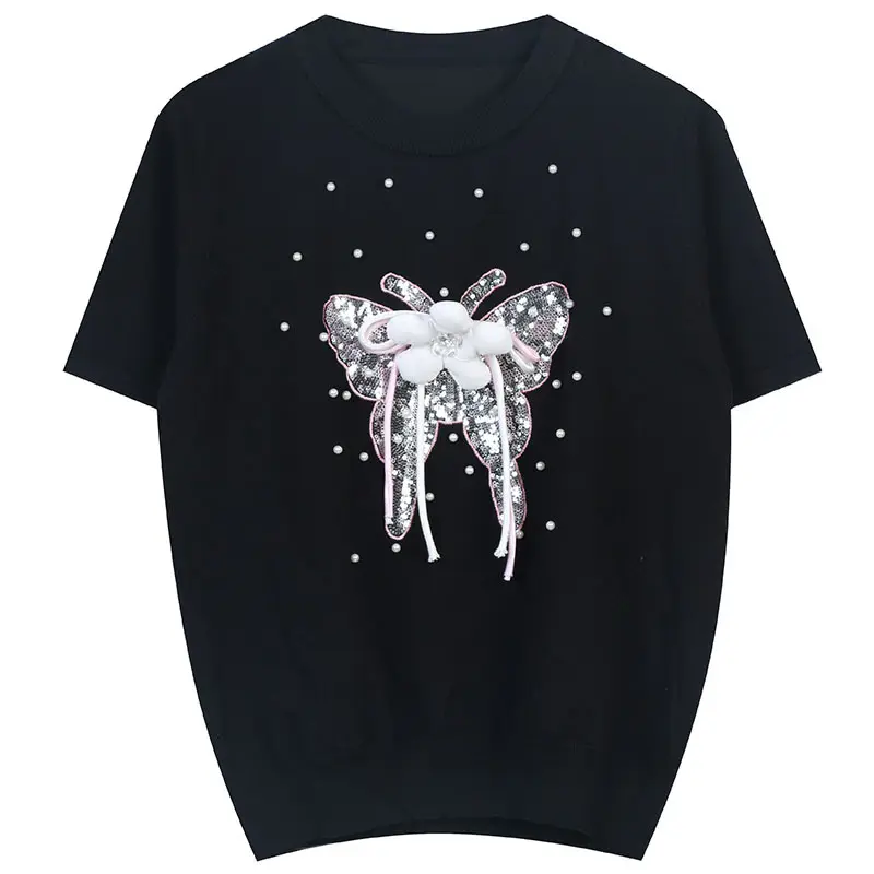 New butterfly Sequin embroidery flower print ladies top casual round neck t-shirt for women