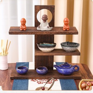 En stock: Estante de escritorio de madera maciza, estante de exhibición antiguo, estante de almacenamiento de tres niveles para tazas de té y juegos de té de madera maciza, estilo retro chino. - Product Image 3