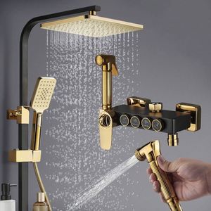 Juego de ducha termostática vintage de latón negro y dorado con cabezal de ducha tipo lluvia y mezclador de pared - Product Image 2