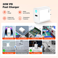 Cargador de pared PD 30W GaN PPS con cable de carga tipo C de alta velocidad, adaptador de cargador rápido Mini USB, función QC3.0 incluida, 1 unidad