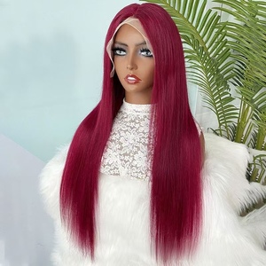 Parrucca 99J 13x4 Lace Front in Capelli Umani Remy Lisci Setosi, Colore Nero Borgogna <span class=keywords><strong>Rosso</strong></span> Vino, Pre-Piumata per Donne - Product Image 4