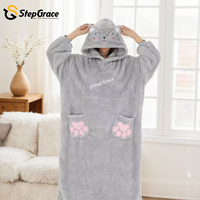 Robe de nuit longue à manches longues en coton gris d'hiver de haute qualité StepGrace avec broderie de chat, robe longue surdimensionnée, couverture à capuche noire portable