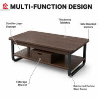 Table basse moderne pour salon, petite table à 2 niveaux avec tiroir, structure en bois et métal, table d'appoint mobile
