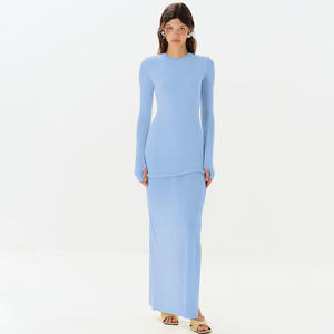 เดรสลำลองผู้หญิงสำหรับฤดูร้อน สีพื้นเรียบง่าย แขนยาว ทรงเข้ารูป แต่งตะเข็บเอว ผ่าข้างแบบธรรมชาติ - Product Image 6