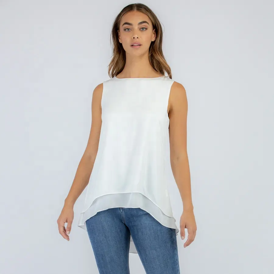 Camisetas de cuello redondo sin mangas de gasa para mujer, blusa informal de doble capa, Túnica de verano