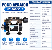 Aérateur de bassin à piston silencieux sans huile 130W, pompe à air 30LPM, système d'aération pour eaux profondes avec 1 diffuseur pour bassin à poissons de 0,5 acre