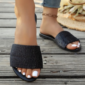 Sandales plates à lanières larges et rayures scintillantes, à enfiler, à bout ouvert, pour l'intérieur et l'extérieur, chaussures d'été pour la plage - Product Image 3