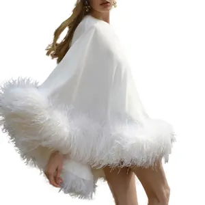 USA femmes manches longues épaules inclinées lâche club soirée anniversaire robe mode cape robe avec plume d'autruche moelleuse