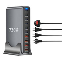Adaptateur de chargeur de bureau multi-ports 730W 10 ports USB GaN à charge rapide 140W pour ordinateur portable et tablette