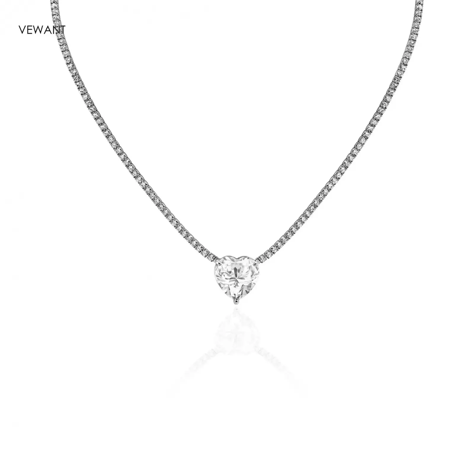Vewant Fashion 925 Sterling Silver Tennis Necklace White Pink Blue Solitaire Gemstone 10mm Heart Necklace