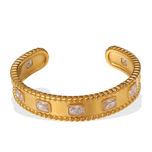 Brazalete Abierto Cuadrado con Circonitas Estilo Europeo Americano, Chapado en Oro de 18K, Acero Inoxidable, Joyería de Moda Unisex, Diseño Geométrico - Product Image 5