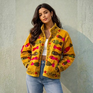 Unique & Artistic Wear Handmade <b>Velvet</b> Embroidered Fish Motif Jacket Women Boho Ethnic Statement Winter Wear Outwear <b>Blazer</b> - Product Image 1