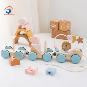 Juguete de tracción multifuncional de madera para niños con carro de inteligencia de Educación Temprana de animales León con mango de cuerda - Product Image 1