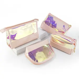Custom Pattern Holographic Travel Makeup Bags PVC Pink Cosmetic Organizer Bags 4 Pieces Set For Daily Life