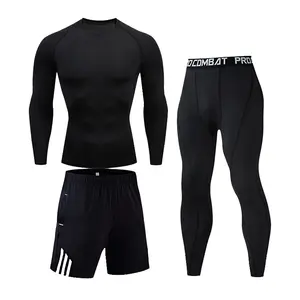 Groothandel Mannen Compressie Kleding Panty Broek Past Lange Mouwen Fitness Sport Pak Mannen 3 Stuk Training Active Gym Slijtage Set