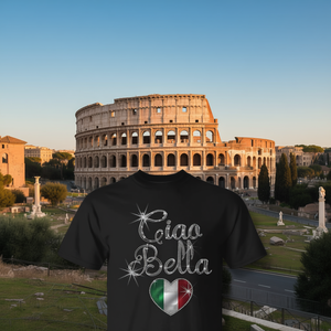 Camiseta italiana con diseño de corazón Ciao Bella, bandera de Italia, color negro, unisex - Product Image 3