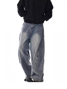 Calças <span class=keywords><strong>Jeans</strong></span> Masculinas de Corte Solto e Reto, Azul Sólido, Denim de Peso Médio, Calças Cargo Oversized com Bolsos, Estilo Casual - Product Image 2