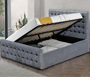 最优惠的价格欧洲风格床头板和脚板簇纽扣双尺寸深灰色天鹅绒侧面开放式储藏床