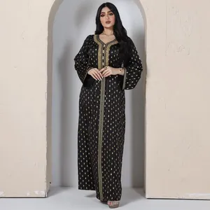 2022 New Maxi Dress for Women Ethnic Ribbon V Neck Long Sleeve Fashion Gold Stamping Black Abaya Modest Muslim Arabic Clothes