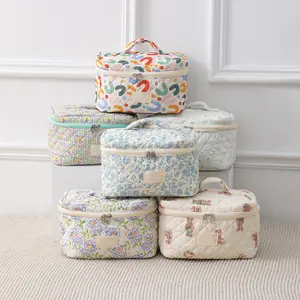 Wholesale Printed Terry Toweling Puffy Cotton Quilted Floral Travel Cosmetic Bag