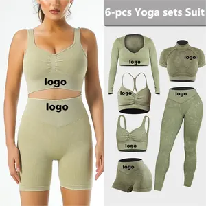 OEM Set Yoga 6 Potong, Set Pakaian Kustom Mode Baru Tik Tok Laris Push Up Gym Nilon Spandeks Yoga untuk Wanita