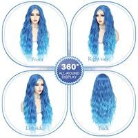 Rambut Keriting Panjang Bergelombang Wanita Amerika Eropa, Belahan Tengah, Lace Kecil, Gradasi Biru, Gaya Liburan, Buatan Mesin, Tenun Tangan, Vegan