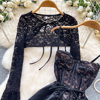 Robe bouffante à bretelles spaghetti en dentelle patchwork Y2K pour femme avec ensemble boléro en dentelle à manches longues pour soirée en club