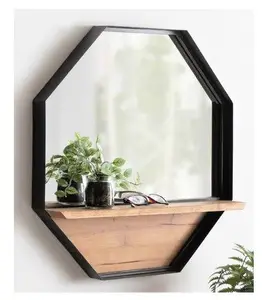 Metal Framed Bathroom Octagon Mirror With Wooden Shelf