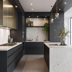 Nhà Máy Trực Tiếp Hiện Đại L-Hình Particleboard Tủ Bếp Thủy Tinh Melamine Hội Đồng Quản Trị Thép Không Gỉ Bồn Rửa Cho Căn Hộ Ăn Uống - Product Image 1