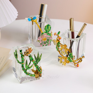 Porte-stylo en verre cristal, forme carrée, motif floral en émail, accessoire de bureau, cadeau pour les enseignants et les collègues - Product Image 1