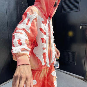 Parches desgastados bordados con pegatina personalizada Logo Streetwear Vintage Sun Faded Hoodie Sets chándales para hombres - Product Image 5