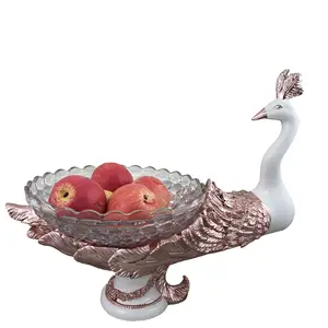 2023 Modern Home decor resin peacock figure Fruit Tray glass fruit plate for table decoration Fruit Bowl