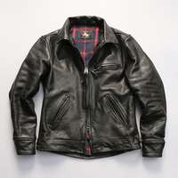 Veste en cuir de vachette japonaise Tenjin pour moto, homme, noire, de haute qualité, lavée, cirée, en cuir véritable tanné végétal
