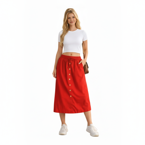 Falda Midi Elástica para Mujer LQC115, Color Sólido, Botones al Frente, Estilo Casual Tejido - Product Image 1