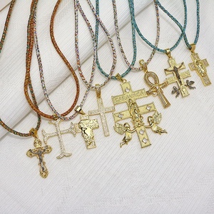 Kalung Liontin Salib Ankh Malaikat Bunda Maria Yesus Berlapis Emas NZ1713 dengan Rantai Tali Kepang, Perhiasan Kristen Katolik - Product Image 2