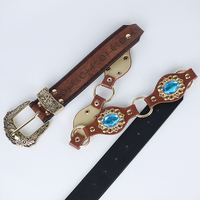 Damen Western PU-Ledergürtel, Gravierte Legierungsschnalle mit Edelsteinbesatz, Dekorativer Taillengürtel für Cowboy-Outfits, Cosplay und Partykleider