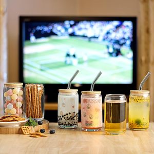 带竹盖和玻璃吸管的玻璃杯 16 盎司玻璃杯 可重复使用的啤酒形状玻璃杯，适用于咖啡吧、鸡尾酒、威士忌 - Product Image 3