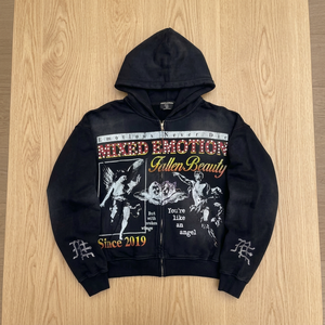 Sudadera con Capucha y Cremallera MIXED EMOTION 100% Algodón Tejido Casual de Otoño Oversize Estampada con Pedrería Estilo Hip-hop para Hombre y Mujer - Product Image 3