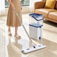 Nouvel arrivage : Ensemble serpillière plate avec seau de lavage mains libres à essorage intégré, pour séparation eau propre/eau sale, en microfibre, pour nettoyage de sols humides et secs