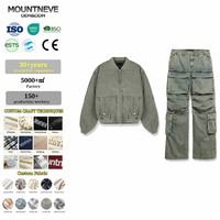 Ensemble cargo bomber personnalisé en tissu délavé pour homme, coupe oversize, avec poches à rabat et bouton-pression, col et poignets côtelés, pantalon à genou montant, 2 pièces, sur mesure, OEM ODM