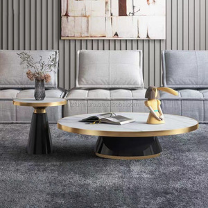 Modern Nested Round Coffee Table Set of 2 Marble Rock Slab Top Gold Metal <b>Frame</b> <b>Black</b> Pedestal Base Hotel Villa Lounge Furniture - Product Image 2