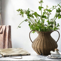 Vase de table en rotin tressé à la main à double anse, style nordique, grande capacité, écologique, beige naturel, décoratif pour la maison et le balcon