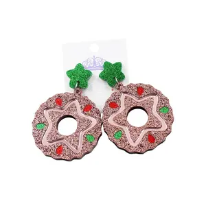 ERS403HP068 Popular Design Acrylic Doughnuts Christmas Holiday Statemnts Laser Cut Red Green Glitter Dangle Earrings