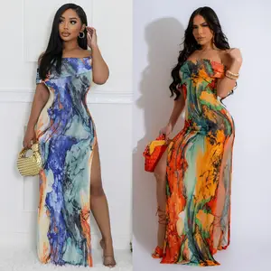 M6888 - trendy off shoulder sleeveless sexy high split bodycon printed long dresses women casual